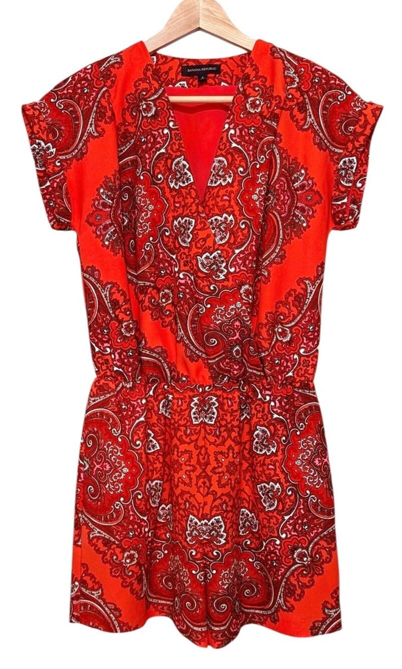 Banana Republic Paisley Print Romper Red Orange Boho Surplice Elastic Waist 4